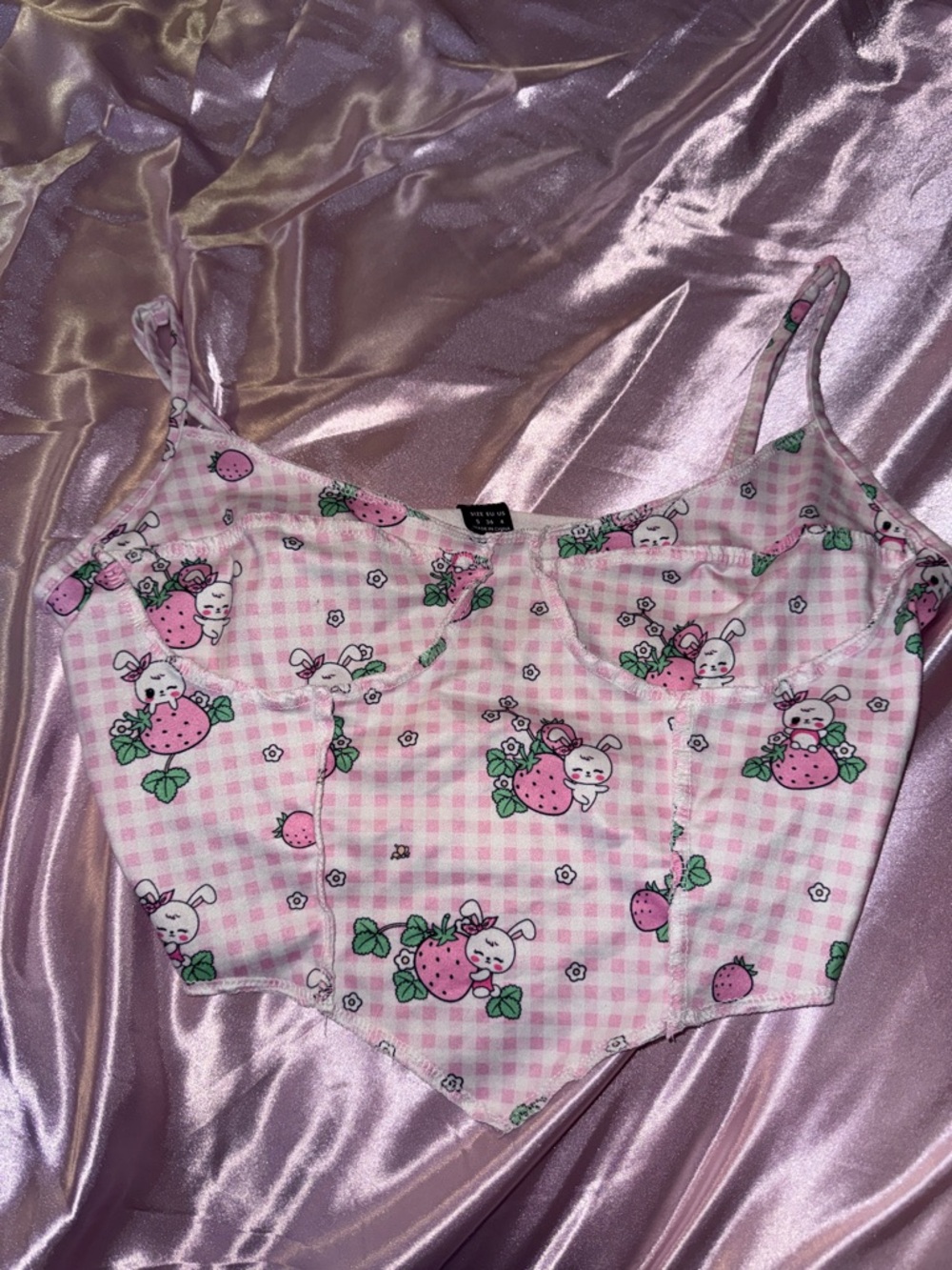 SHEIN Pink Gingham Strawberry Bunny Pointed-Hem Camisole